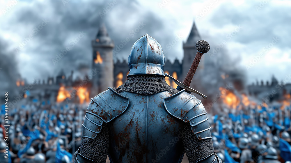 Knight preparing for battle outside a castle during a fierce conflict Knight preparing for battle outside a castle during a fierce conflict