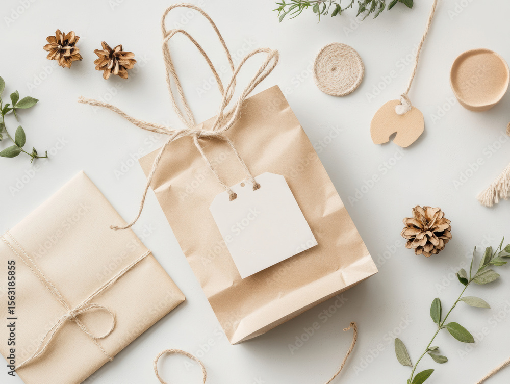 Obraz premium Discover the playful mystery gift bag filled with surprises and natural elements perfect for celebrations