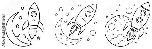Rocket Flies to the Moon Coloring Page - Space Adventure Line Art for Kids and Adults