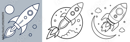Rocket Flies to the Moon Coloring Page - Space Adventure Line Art for Kids and Adults