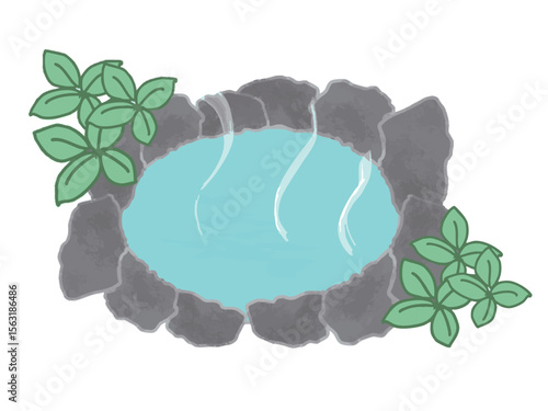 Illustration of a landscape with a steamy outdoor bath