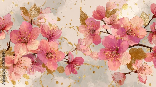 Spring floral in watercolor vector background. Luxury wallpaper design with pink flowers, line art, golden texture. Elegant gold blossom flowers illustration suitable for fabric, prints, cover., no l