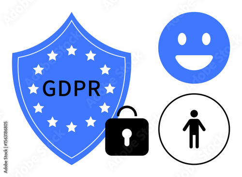 Blue shield with GDPR text, lock icon, happy face, and user figure. Ideal for data privacy, user freedom, protection, online security, EU regulations transparency simple landing page