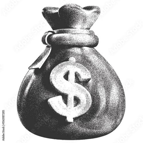 Money bag with dollar currency sign halftone dotted style. Vector illustration of dollar bag. isolated on transparent background.