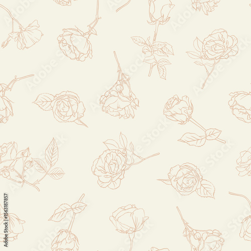 Seamless floral pattern with hand drawn beige roses on soft off white background
