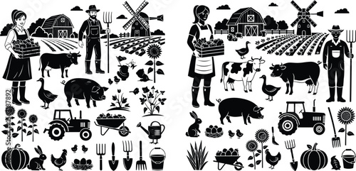 Black and White Farm Set with Animals, Farmers, Buildings and Equipment
