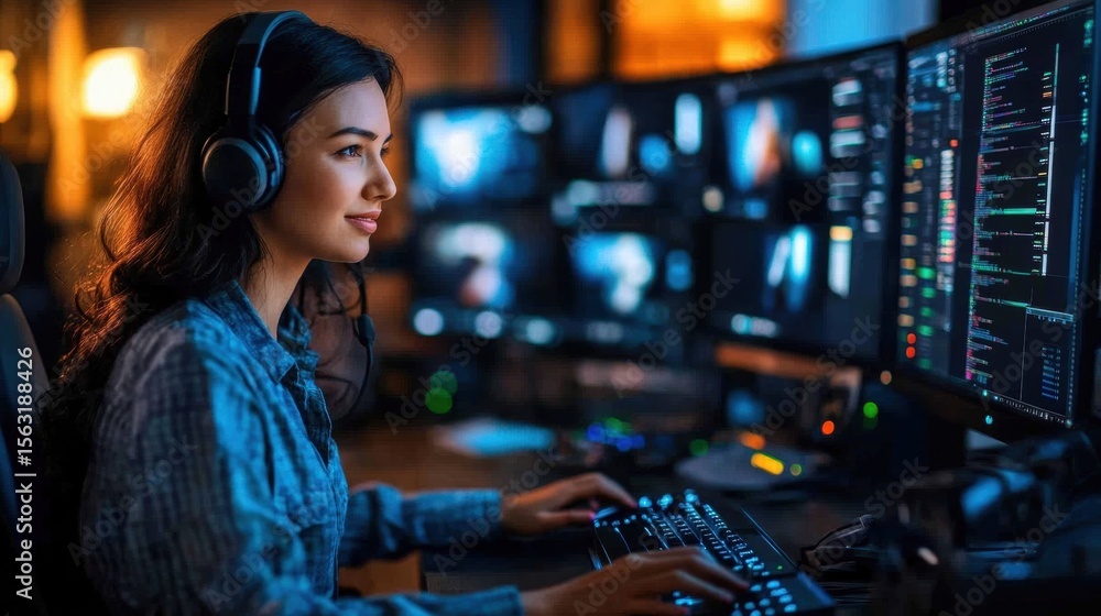 Woman editor using mouse pen to edit video content and finding joy female holding working editing Woman editor using mouse pen to edit video content and finding joy female holding working editing