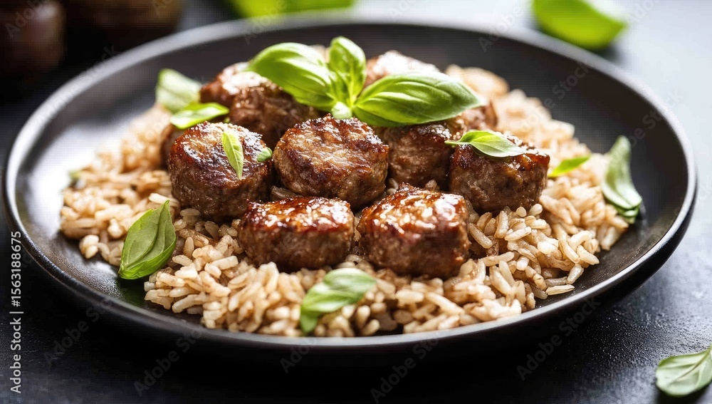 Brown rice topped with savory meatballs, garnished with fresh basil
