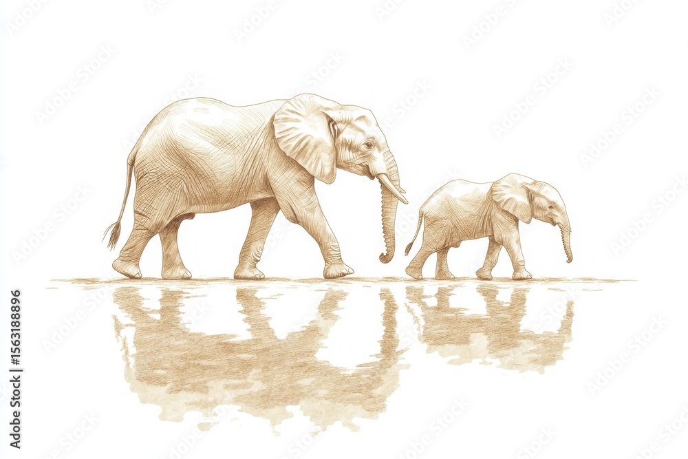 Fototapeta premium Two elephants walking together in harmony, showcasing their bond during a quiet moment near a body of water at dawn, highlighting their significant connection and familial love