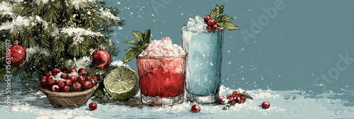 Holiday drinks with festive decorations and snowy atmosphere, perfect for winter celebrations