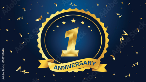 Golden "1" anniversary badge with ribbon and falling confetti on a dark blue background, perfect for celebrating first milestones and achievements.