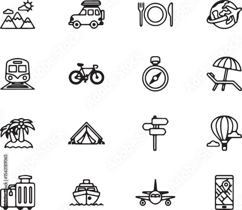 Transport and Travel Line Icons Set – Bicycle, Train, Scooter, Bus, Compass, Direction, Sign, Journey, Travel, Navigation, Outline, Adventure, Road, Map, Minimal

