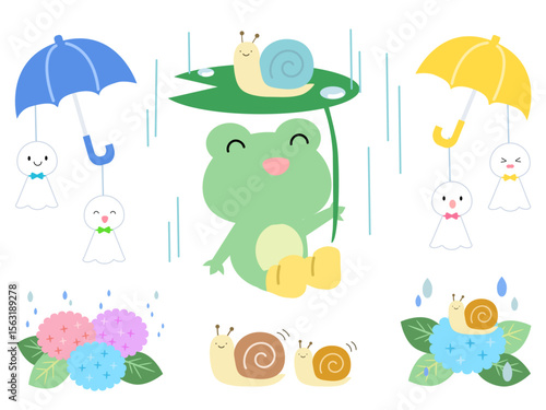 梅雨イラストセット　かえる　カタツムリ　傘　雨　あじさい　ベクターイラスト