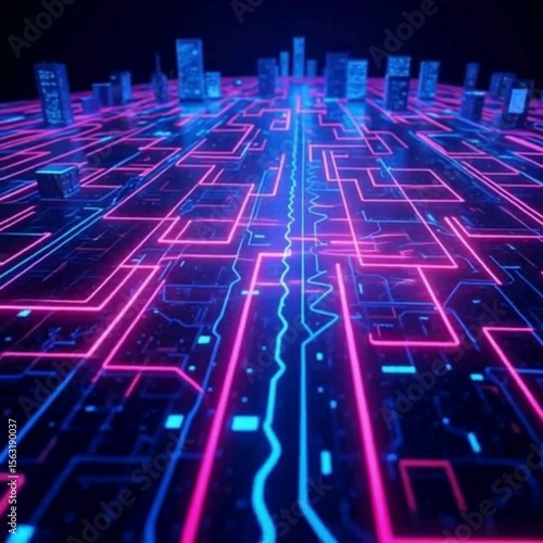 Abstract futuristic city with glowing neon lines representing technology data and digital infrastructure generative AI