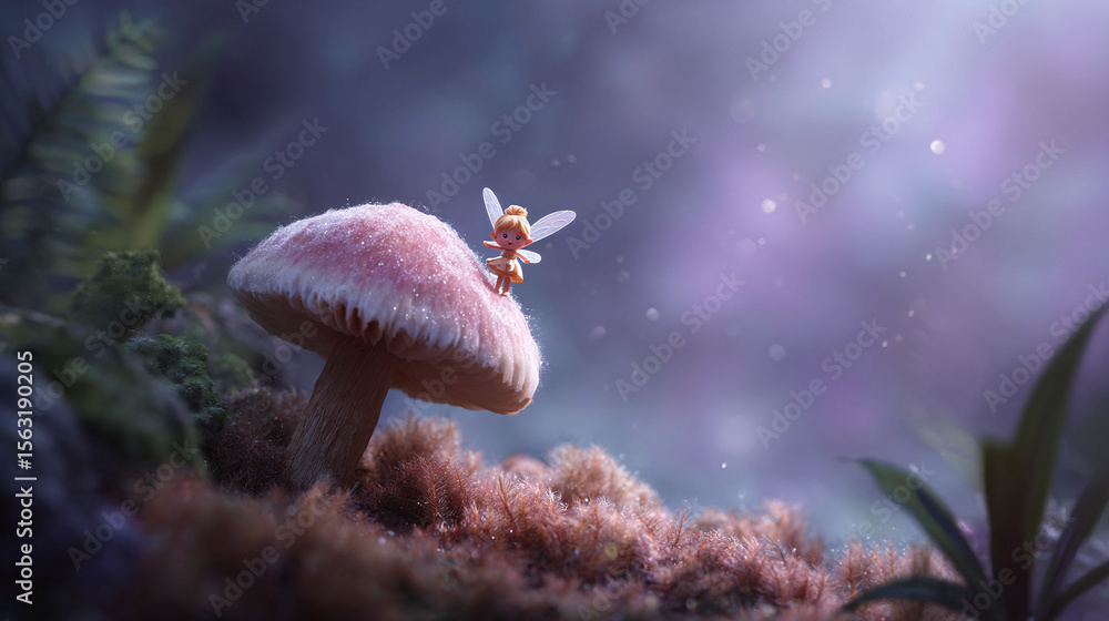 Obraz premium Charming fairy tale scene. Cute fairy stands atop a mushroom in an enchanted forest. Perfect for childrens illustrations, fantasy concepts, or whimsical designs.