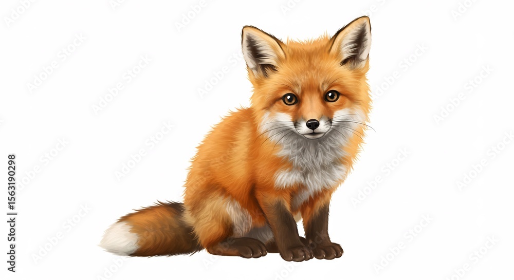 Fototapeta premium Sitzender Fuchs leuchtet warm sanft im Licht detailliert gezeichnet. AI Generated