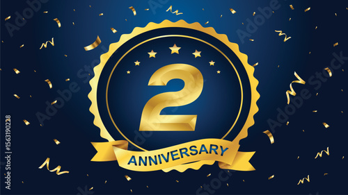 Golden "2" anniversary badge with ribbon and falling confetti on a dark blue background, perfect for celebrating first milestones and achievements.