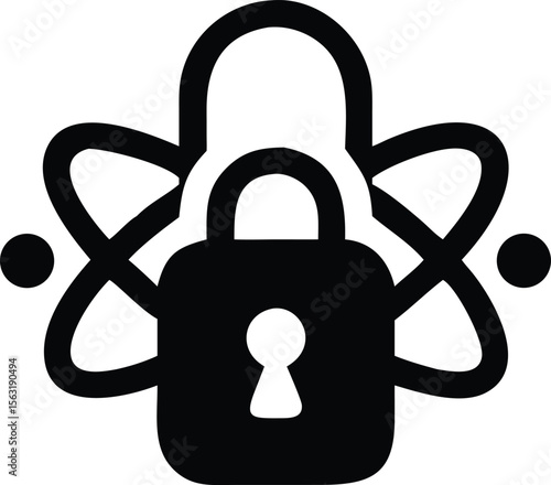 Modern black silhouette illustration of a padlock and a stylized quantum icon
