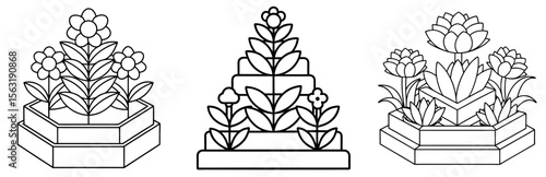 Stepped Flower Bed Coloring Book Page - Outline Vector Line Art
