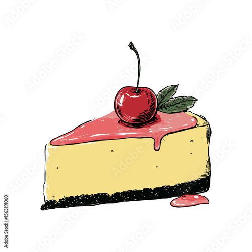 Slice of cheesecake with cherry topping and leaf in hand-drawn sketch style on white background, concept of dessert or sweet treat