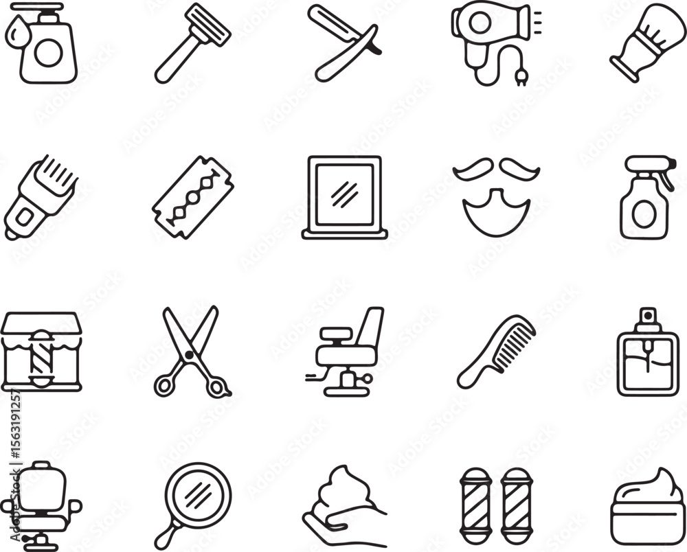 Obraz premium Barber and Salon Icons Set – Haircut, Scissors, Razor, Comb, Barber, Beauty, Grooming, Icon Pack, Outline, Hair, Salon, Tools, Thin Line, Shaving, Hairstyle