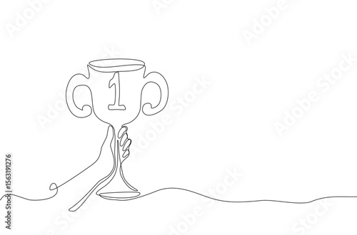 Continuous one line cartoon doodle drawing of a hand holding a trophy with number one, symbolizing victory and achievement in a simple artistic style. Vector illustration, Editable stroke