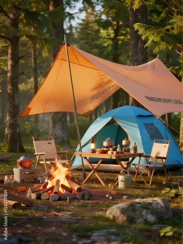 Camping setup with a tent, tarp, and campfire in a forested area