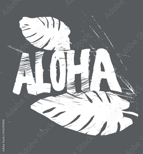 vector illustration of word aloha and tropical leaf monstera