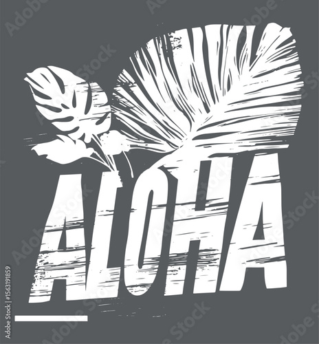 vector illustration of word aloha and tropical leaf monstera