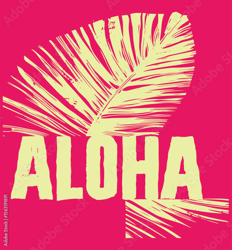 vector illustration of word aloha and tropical leaf monstera