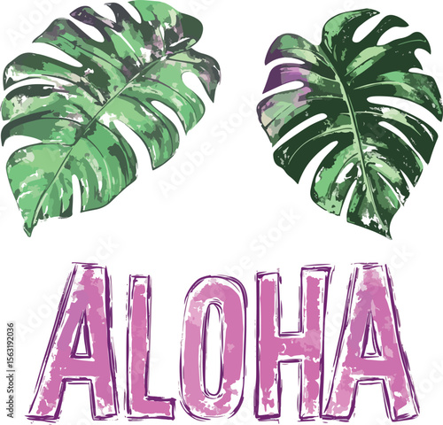 vector illustration of word aloha and tropical leaf monstera