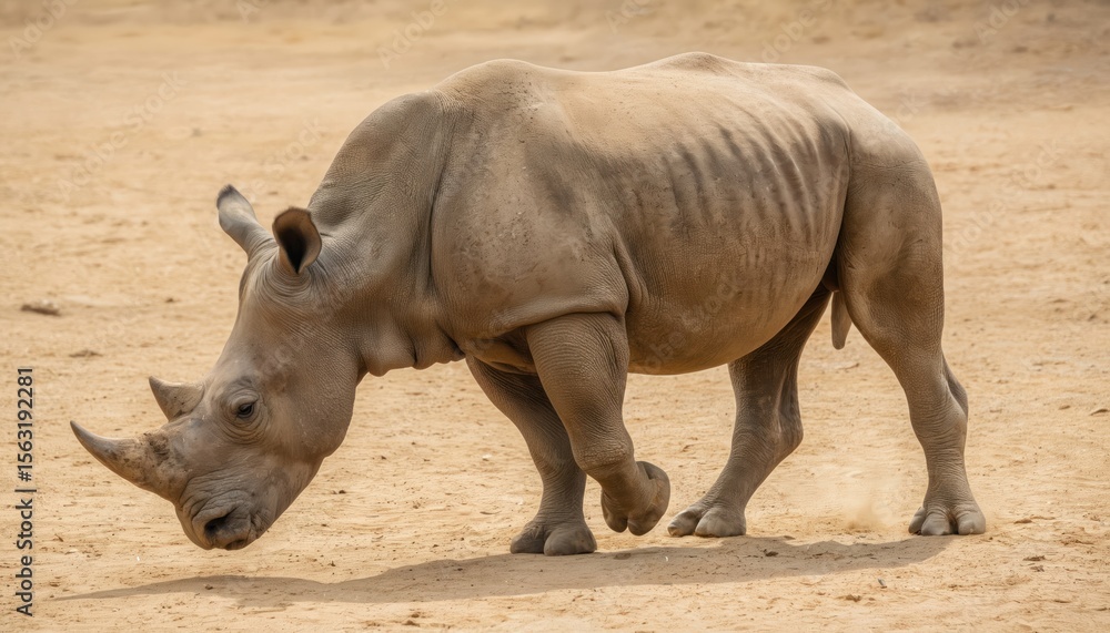 Obraz premium Portrait of rhino walking on sand. Animal has thick skin, two horns. Herbivore is wild, dangerous. Rhinoceros in natural habitat demonstrates wildlife. Vulnerable species conservation.