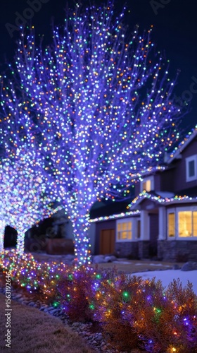 Luminous fairy lights bedeck snow-kissed trees, conjuring a whimsical Yuletide glow, echoing Lunar New Years vibrant allure