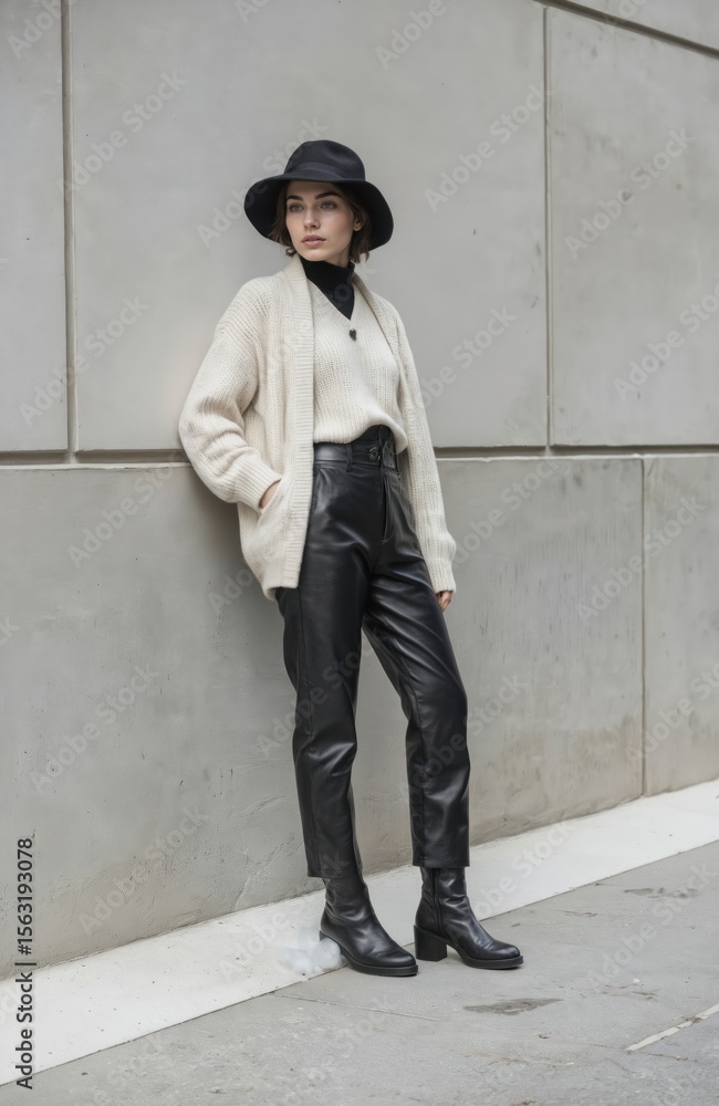 Obraz premium Stylish woman in fashionable knit outfit with beige cardigan, black leather pants, hat, boots stands near gray wall. Female urban look. Autumn fashion trends, street style.