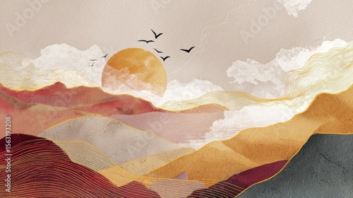 Abstract watercolor background vector. Luxury wallpaper with paint brush and gold line art. Mountain landscape, bird, sun, earth tone watercolor illustration for wall art, cover and invitation cards.