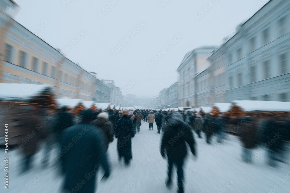 Obraz premium Blurry snow-laden street bustling with diverse crowd, echoing whispers of Frost Fair nostalgia and enigmatic Saint Winter's Day
