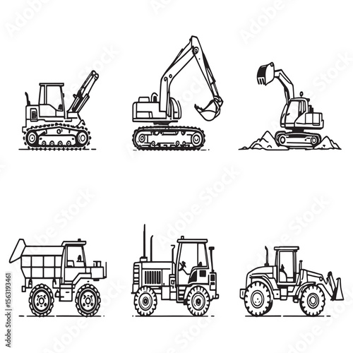 Detailed line art illustration of heavy earth moving machinery