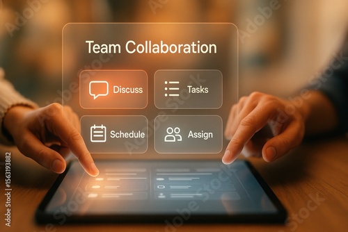 Team collaboration digital interface on tablet with discuss tasks schedule assign icons