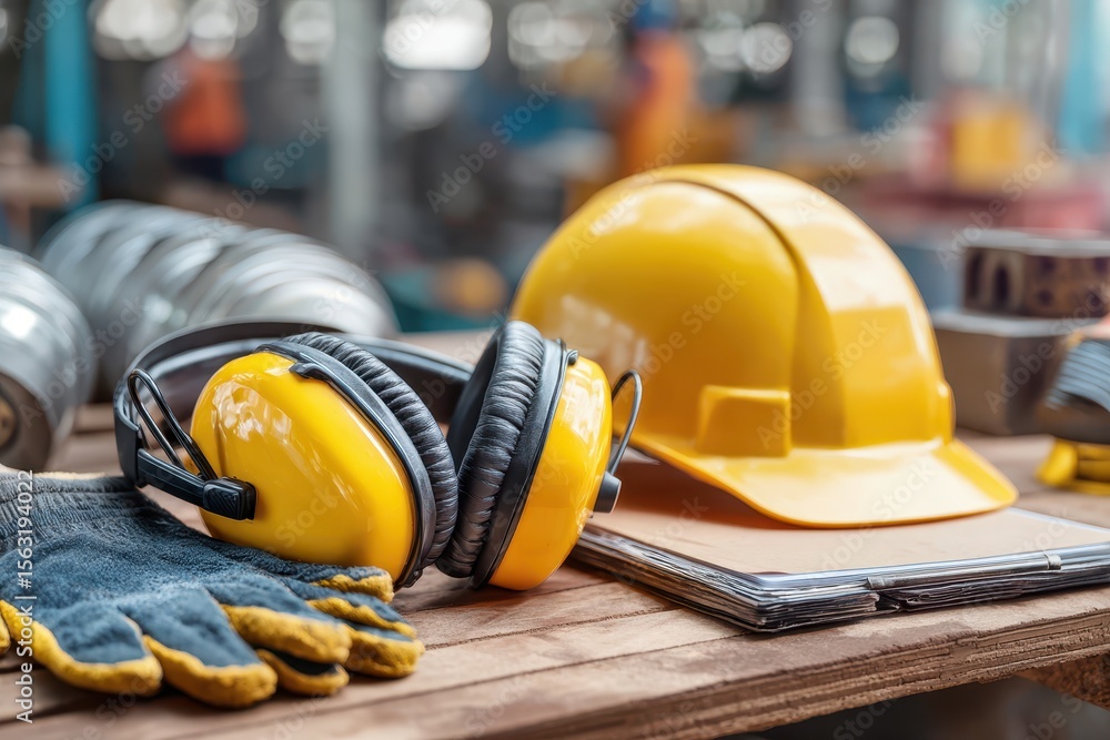 Safety training workplace knowledge concept. Safety equipment including hard hat, gloves, and headphones on a workbench. Safety training workplace knowledge concept. Safety equipment including hard hat, gloves, and headphones on a workbench.