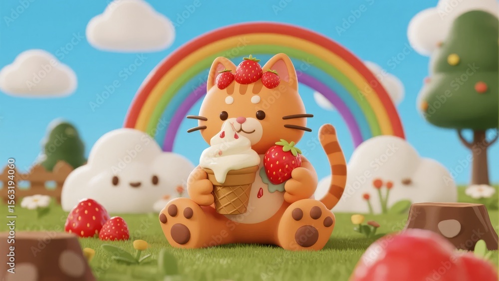 Fototapeta premium Cute cartoon cat holding an ice cream cone under a rainbow in a whimsical garden setting