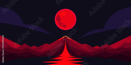 Blood Moon Casting Red Light On Mountain Valley