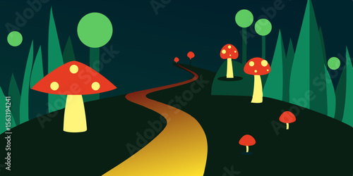 Cartoon Glowing Mushrooms Lighting A Forest Trail