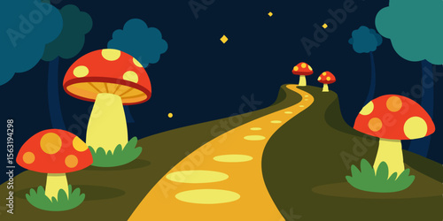 Cartoon Glowing Mushrooms Lighting A Forest Trail