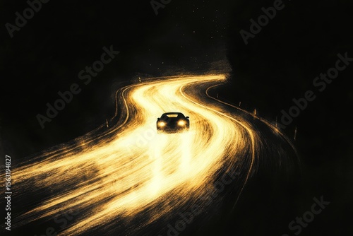 Nighttime driving on a winding road with bright light trails and a solitary car creating a dynamic motion effect under a starry sky