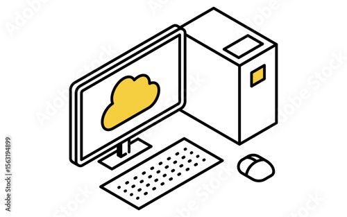 ネットワークのイメージイラスト、クラウドにつながるデスクトップパソコンのアイソメトリック線画アイコン