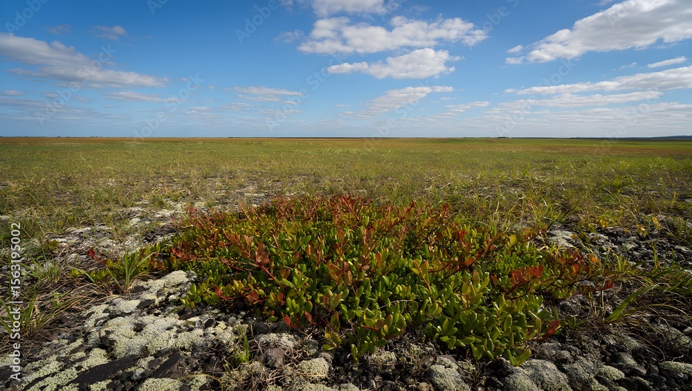 Obraz premium A wide-angle landscape photograph showcasing a vast, open field under a bright blue sky dotted