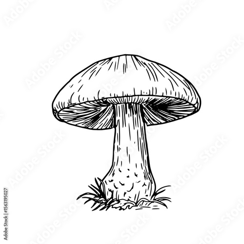 Wild mushrooms in grass, a sketch in black and white ink. Vector illustration. Autumn decor for a mushroom garden, highlighted on a white background. For postcards, invitations, cookbooks, and menus.