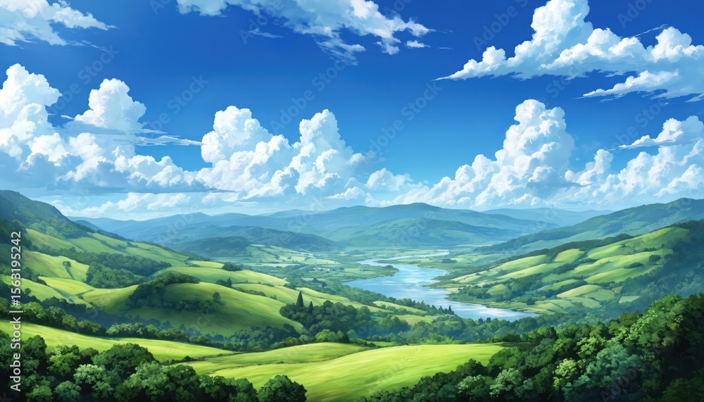 Obraz premium Idyllic illustration of lush green rolling hills, river valley. Clear blue sky with cumulus clouds background. Serene peaceful nature scene, perfect for travel, tourism, environmental themes.