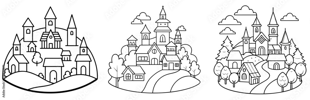 Fototapeta premium Village Coloring Book Page - Outline Vector Line Art