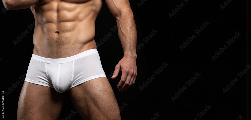 Fototapeta premium Close-up of muscular torso in white underwear on black background. Athletic man demonstrates fitness, sport shape, body strength. Bodybuilder wears underpants. Copy space. Sexy body concept. Male